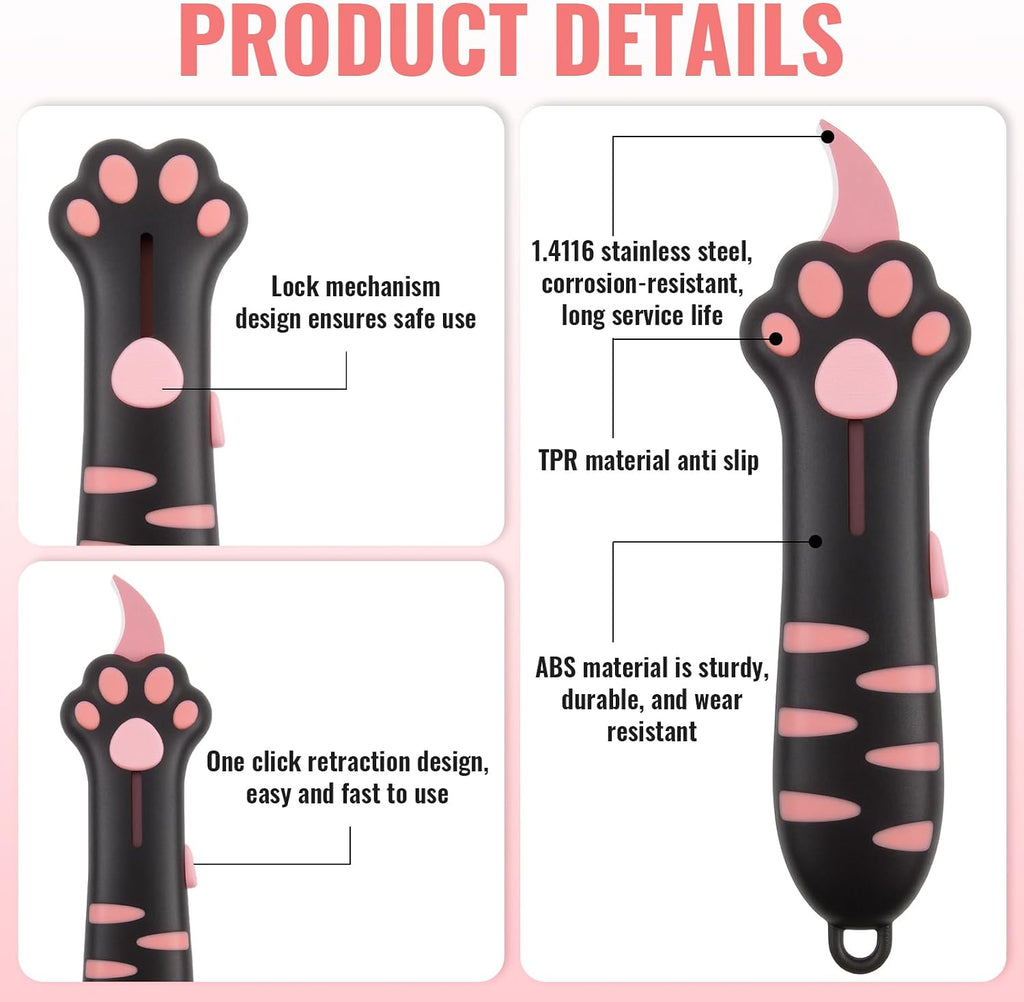 Cat Paw Box Cutter Cute Retractable Cat Box Cutter with Safety Lock