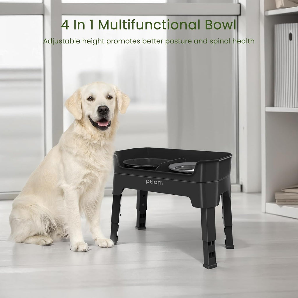 4-in-1 Elevated Slow Feeder Dog Bowls, 4 Height Adjustable Mess Proof Raised Dog Bowl Stand with No Spill Water Bowl
