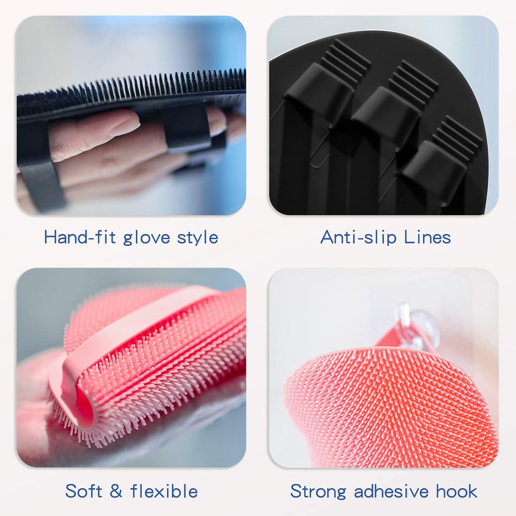 Silicone Back Scrubber(Thick Bristles) & Soft Bath Glove Set, Super-Exfoliating Body Scrubber & Super-Lathering