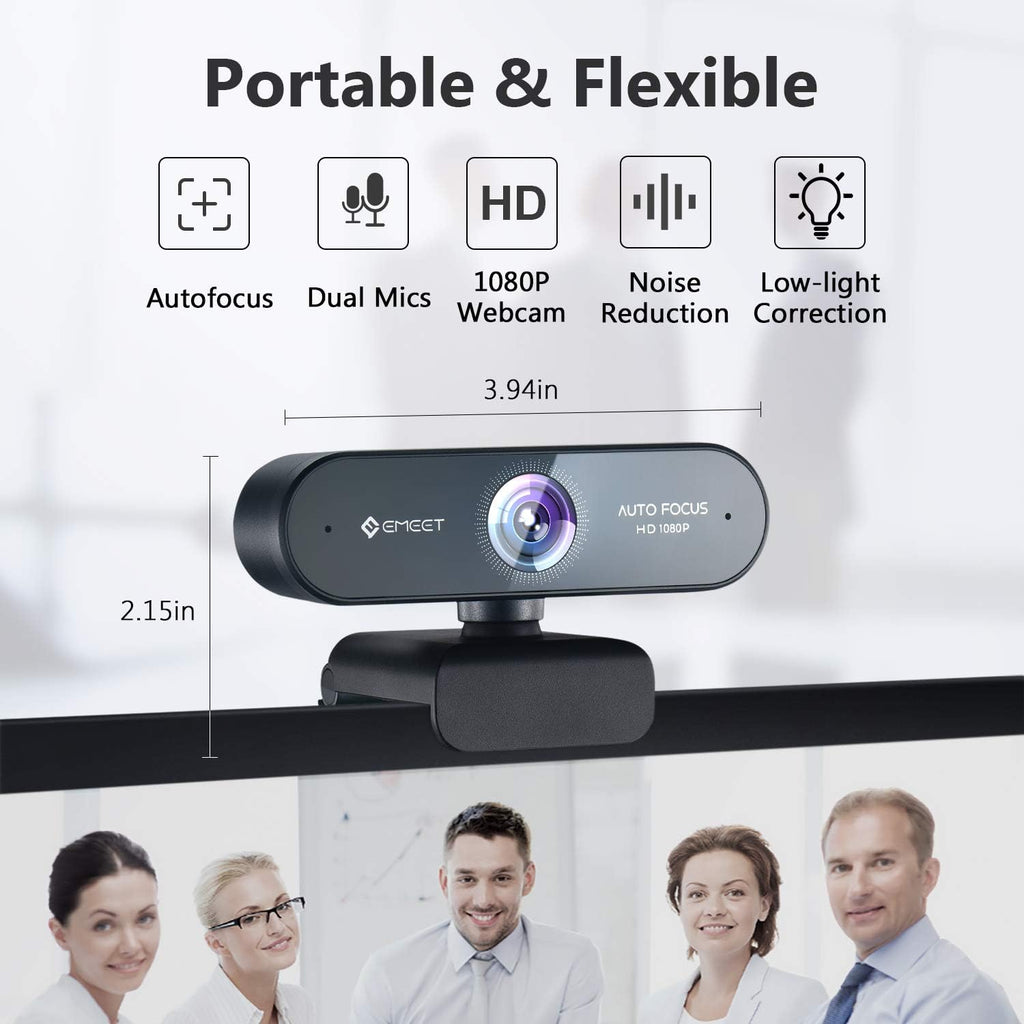 1080P Webcam with Microphone, eMeet Nova AutoFocus HD Webcam, 96°View Web Camera w/ 2 De-Noise Mics for