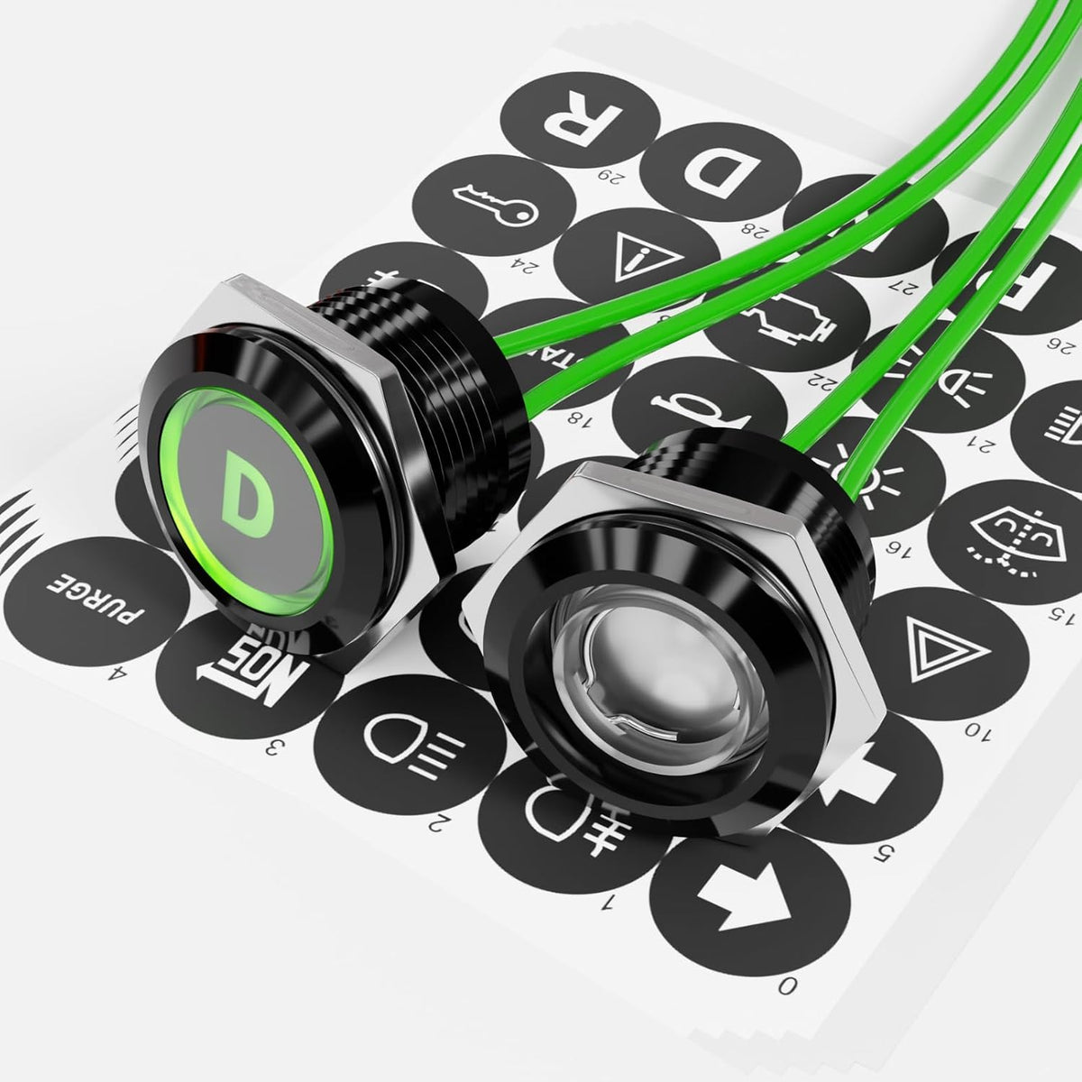 2Pcs 19mm 0.74" Green LED Symbols Indicator Light 5V 12V 24V IP67