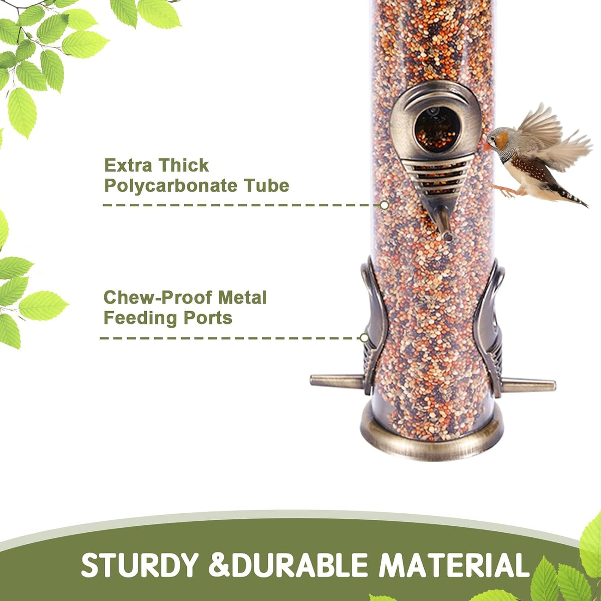 Metal Bird Feeder Tube Hanging Wild Bird Seed Feeder Aluminum Six Port Bird Feeders,1.4 mm Extra Thick Solid Tube