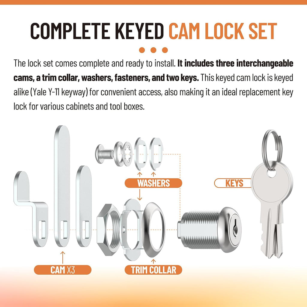 7/8" Cam Lock U 9943, for Drawers, Cabinets, File Boxes, 2 Sets | 7/8" Cylinder Lock , Fits Panels Up To 9/16" Thick