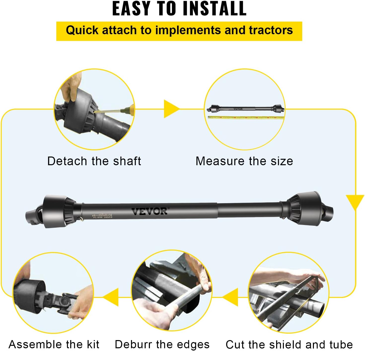 PTO Shaft 1-3/8" PTO Drive Shaft 6 Spline End Round End Driveline | For Bush Hog/Finish Mower/Rotary Cutter/Wood