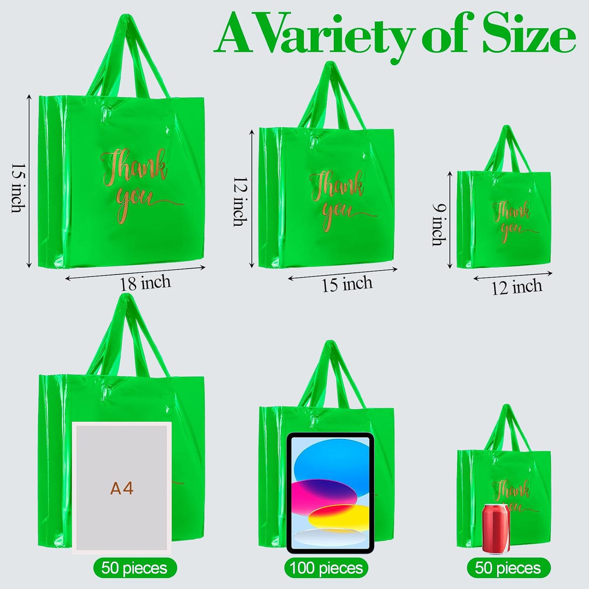 200 Pcs Thank You Shopping Bags with Handle,Green