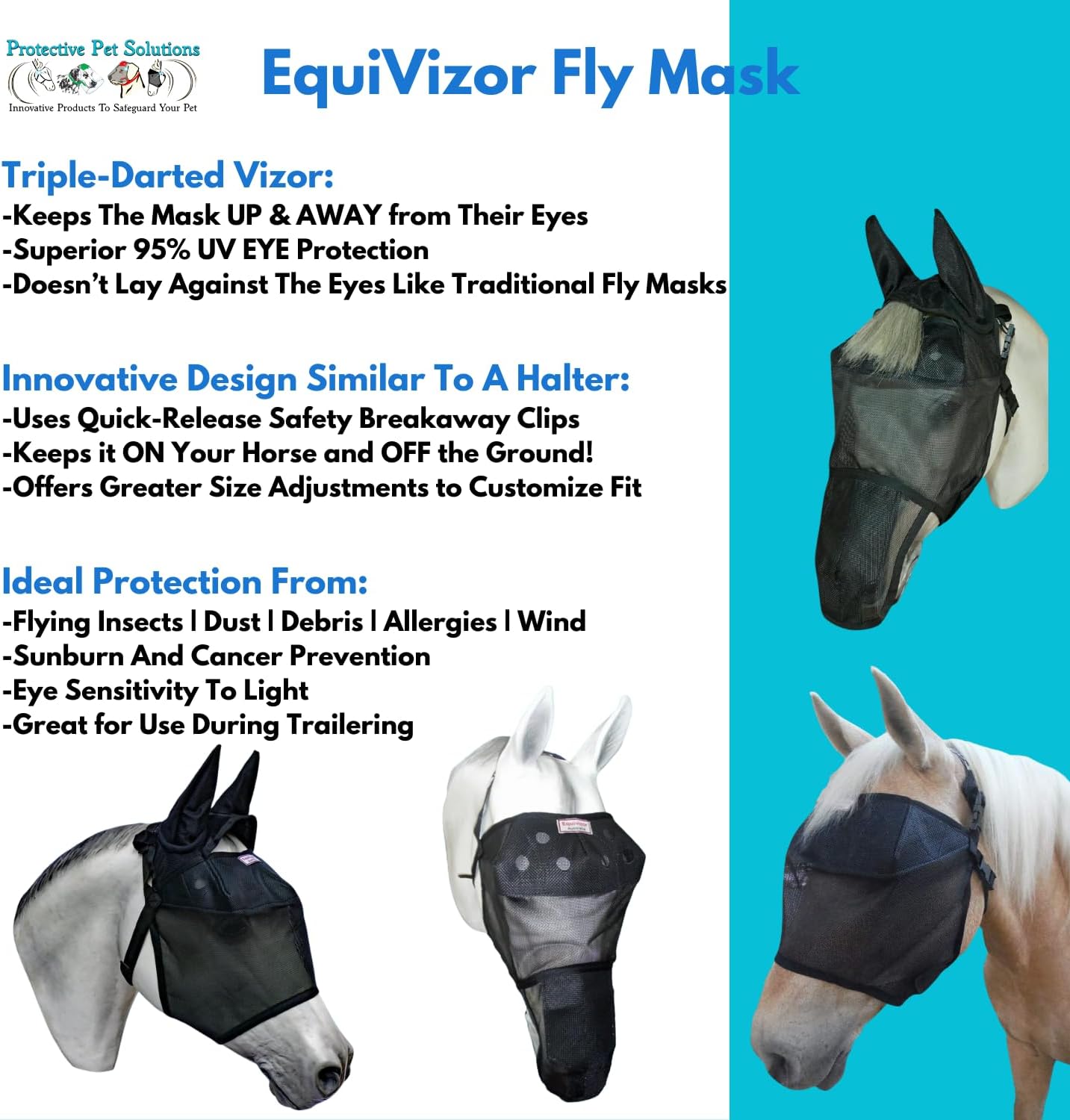 EquiVizor 95% UV Eye Protection (XL) Horse Fly Mask with Ears. Designed to Stay On Your Horse, Off The Ground