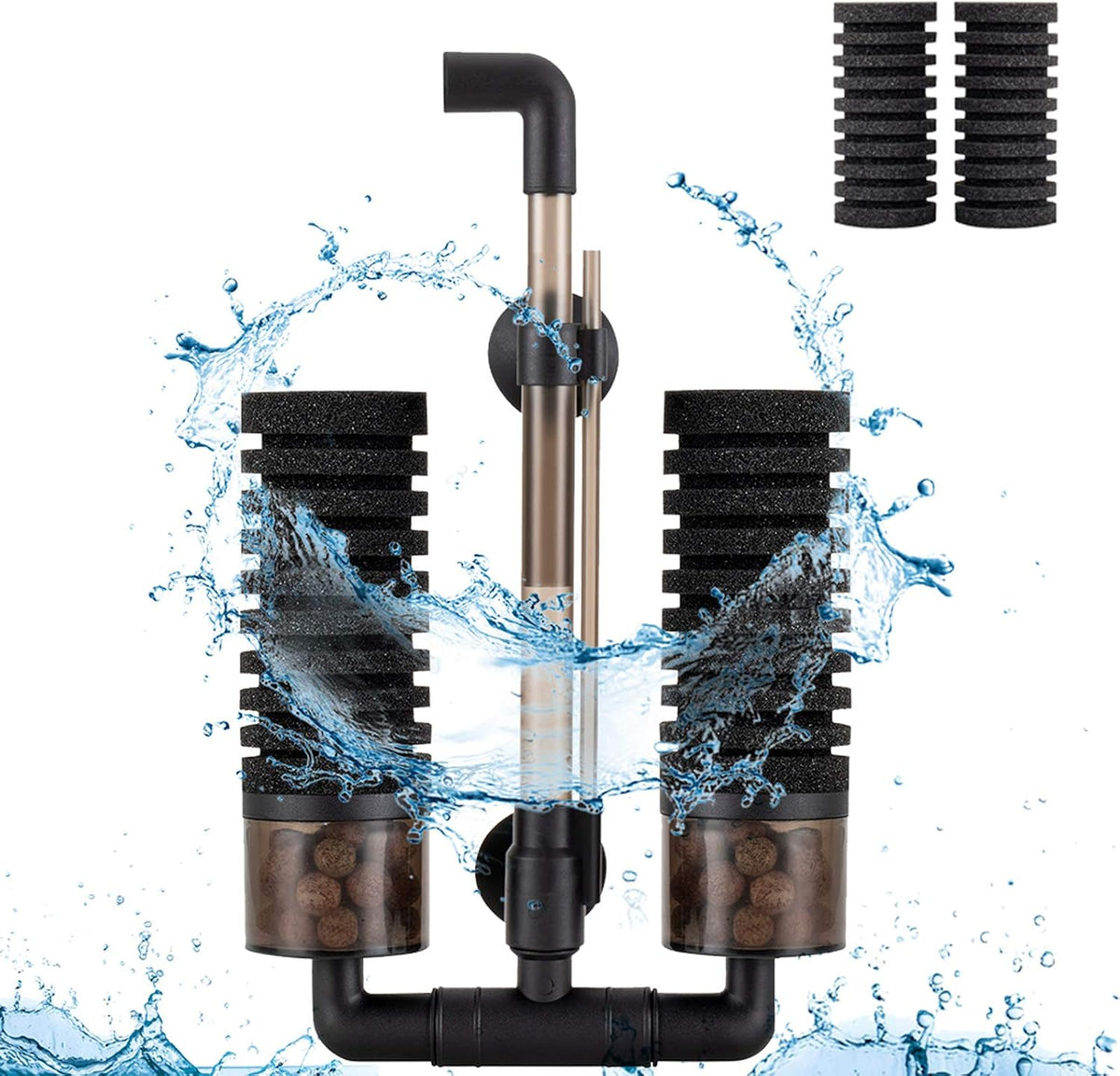 Sponge Filter, Aquarium Filter Double Sponge Replaceable Media with 4 Biochemical Sponges and 1 Bag of Filtered