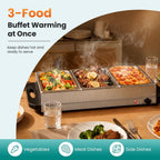 Triple Buffet Server, 7.5Qt Electric Food Warmer with Lids, Silver