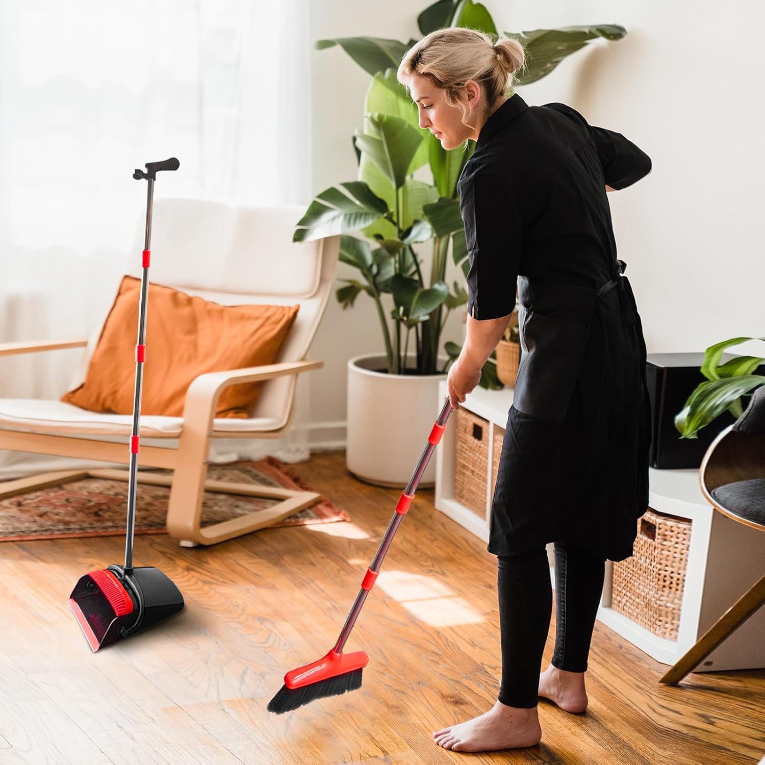 Broom with Dustpan Combo Set 54" Long Handle Adjustable Length Stainless Steel Broomstick Standing Dust Pan and Broom