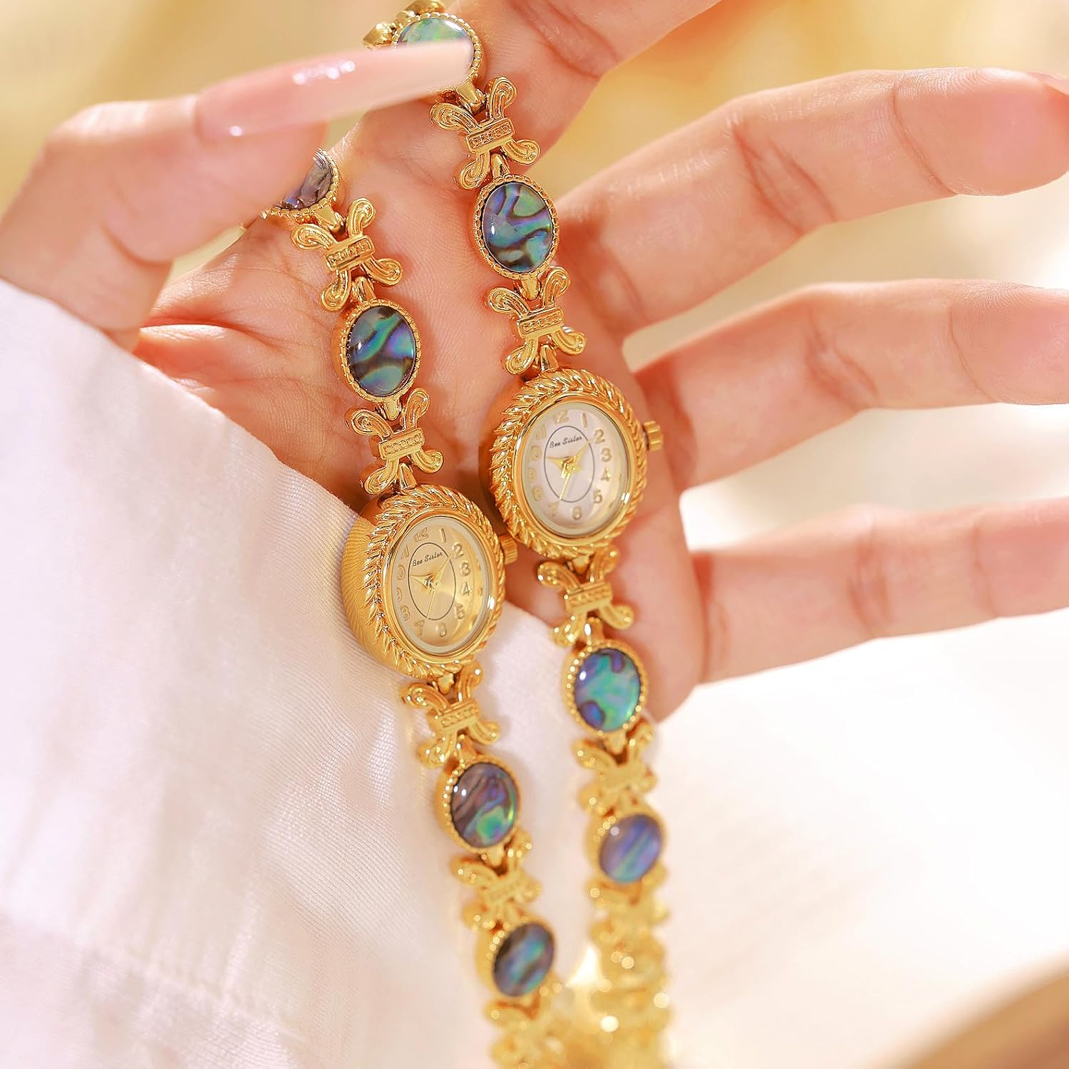Women’s Bracelet Watch Gold Tone Small Oval Bangle Quartz Watches | Jewelry Band, Abalone Shell Accent Slim Dress