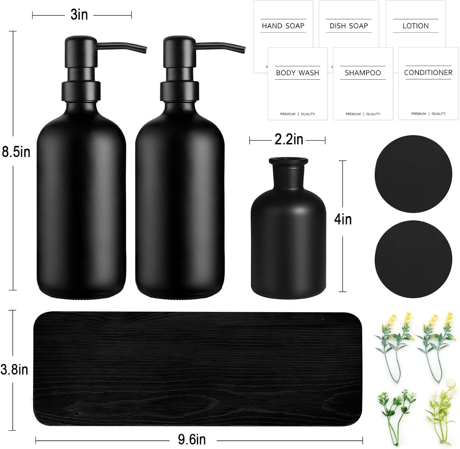 Dish Soap Dispenser for Kitchen, Black Hand Soap Dispenser with Stainless Steel Pump, Kitchen Soap Dispenser Set with