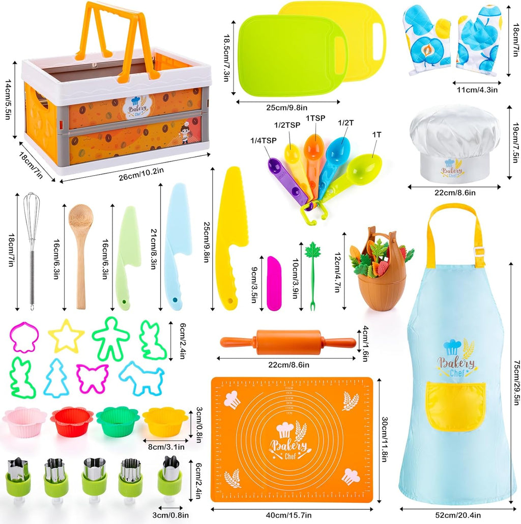 52 PCS Kids Cooking Sets, Montessori Pretend Play Kitchen Toys for Real Cooking Baking, Toddler Knife Set with Chef