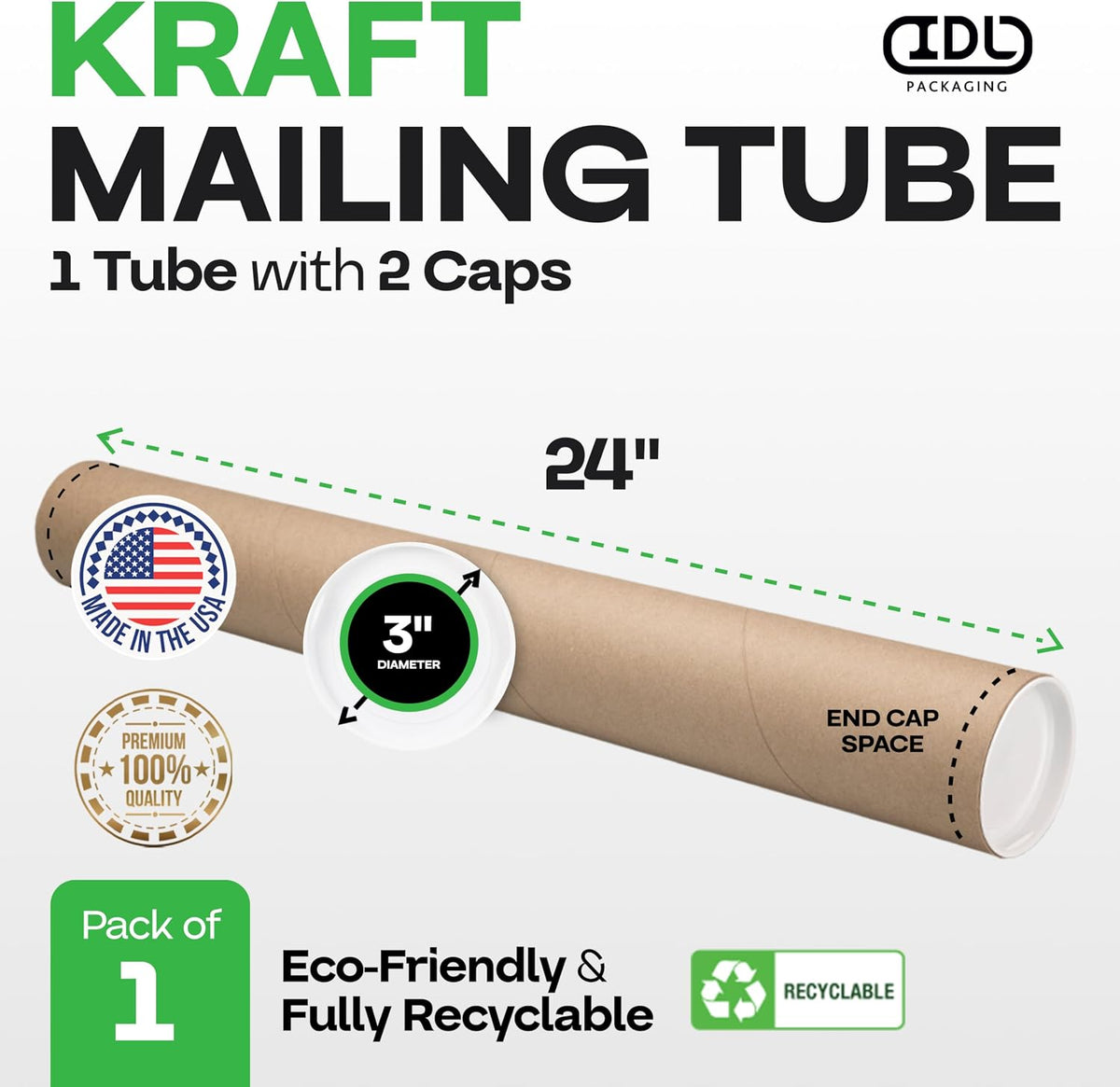 Cardboard Mailing Tube, 3" x 24" with Plastic Caps - USA-Made USPS Approved Poster Tube for Documents & Blueprints