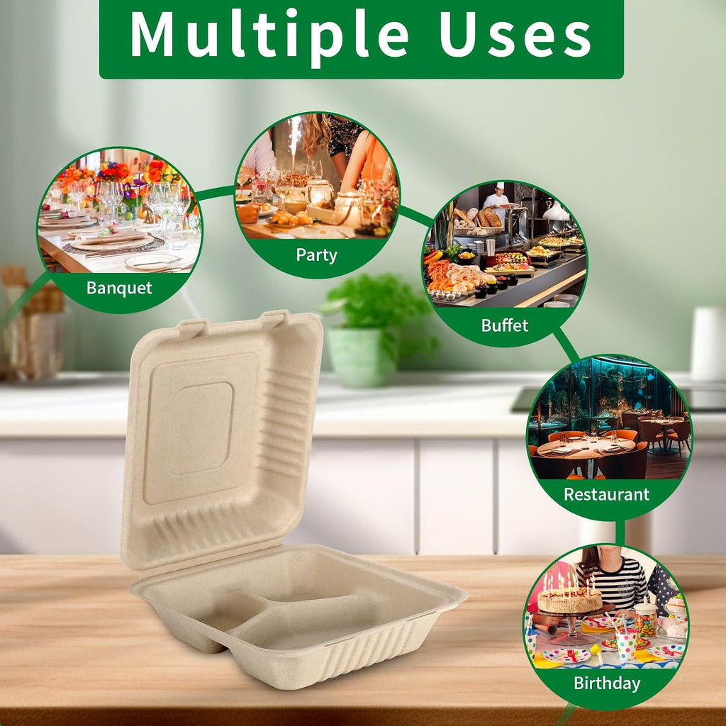 Disposable 100 Pack 3 Compartment 8x9 Inch Take Out Food Containers