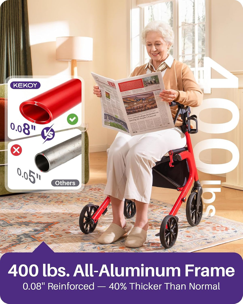 Rollator Walker for Seniors with Seat, Reinforced Aluminum Frame, 400 lbs Capacity, Foldable Walker, Hidden Brake