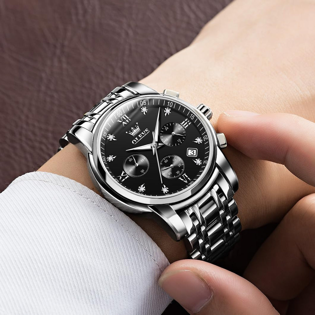 Men's Stainless Steel Chronograph Watch, Big Face Gold Silver Black Tone Easy to Read Analog Quartz Watch, Luxury
