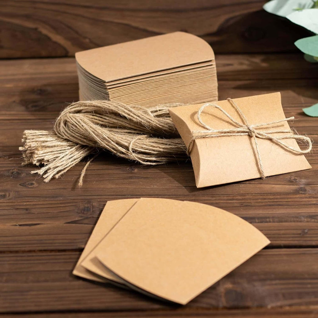 Efavormart 50 Pack 4.5"x3.5" Natural Rustic Party Gift Boxes with Jute Rope Tie, Paper Wedding Favor Pillow Box Set