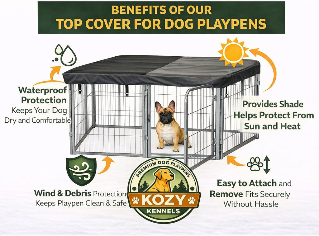 Dog Playpen w/Square Top Shade Cover - 40 inch, 8 Panel Portable Grey Metal Pet Play Pen for Medium & Large Dogs