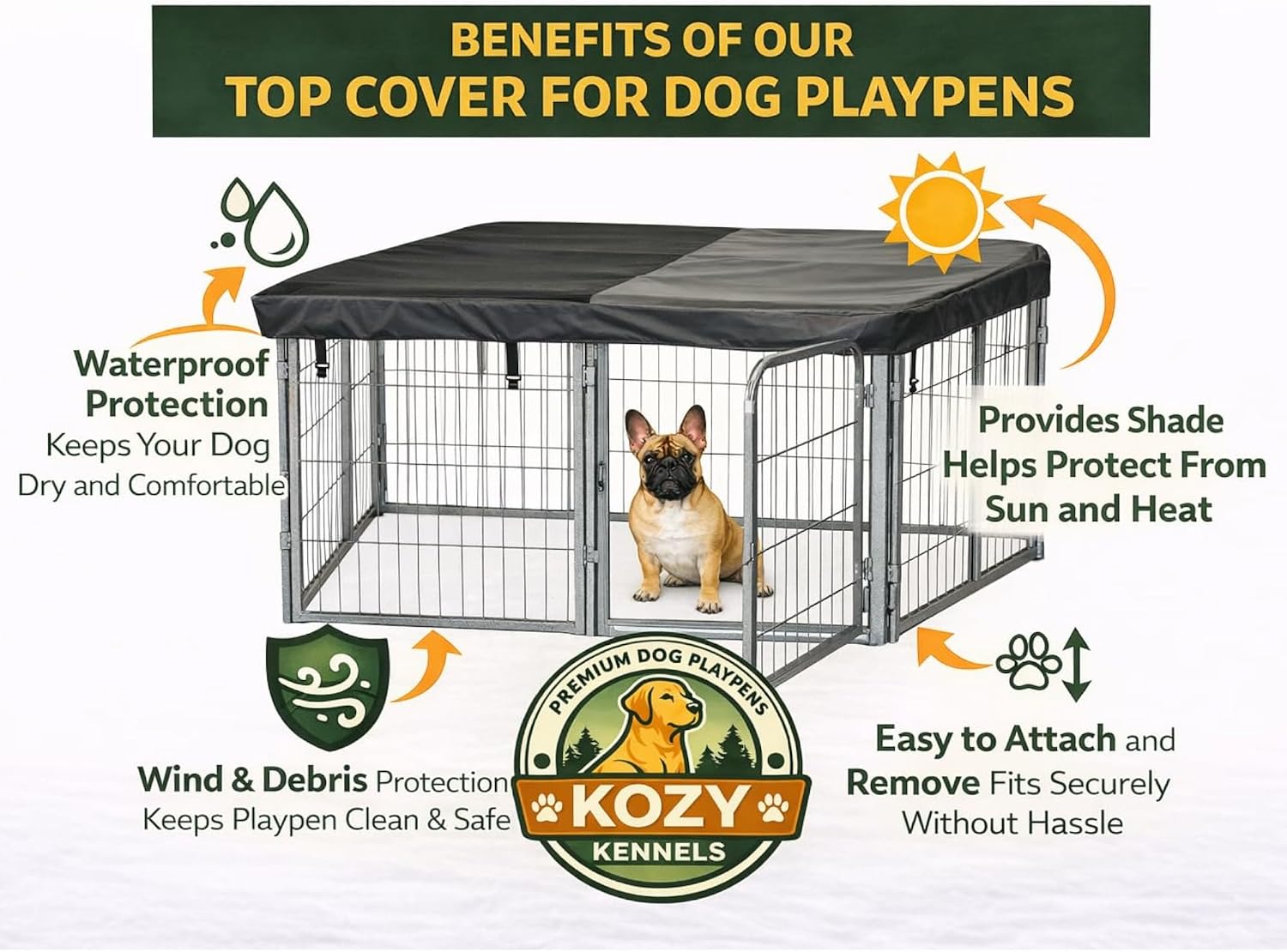 Dog Playpen w/Square Top Shade Cover - 40 inch, 8 Panel Portable Grey Metal Pet Play Pen for Medium & Large Dogs