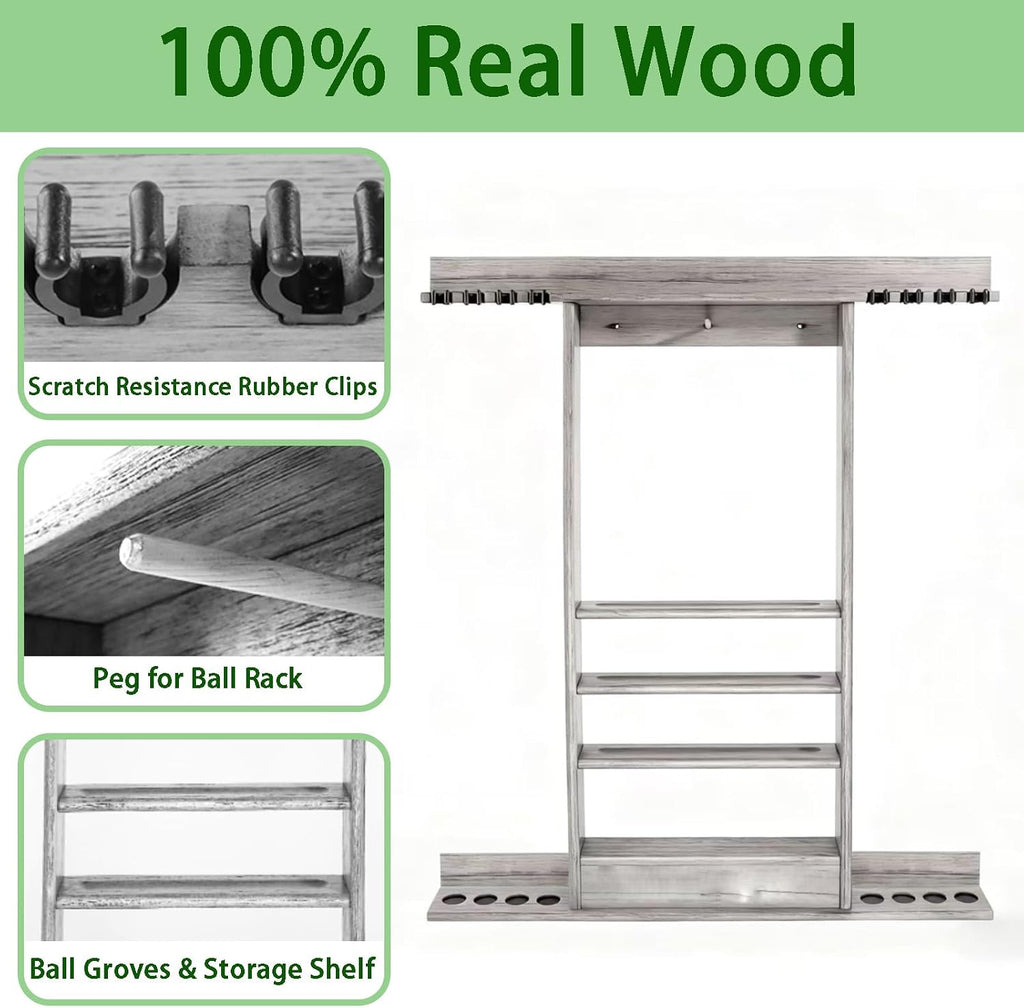 Pool Stick Holder Wall Mounted Pool Cue RackSolid Wood Billiard Stick Holder with Accessory Shelf, Heavy Duty Game