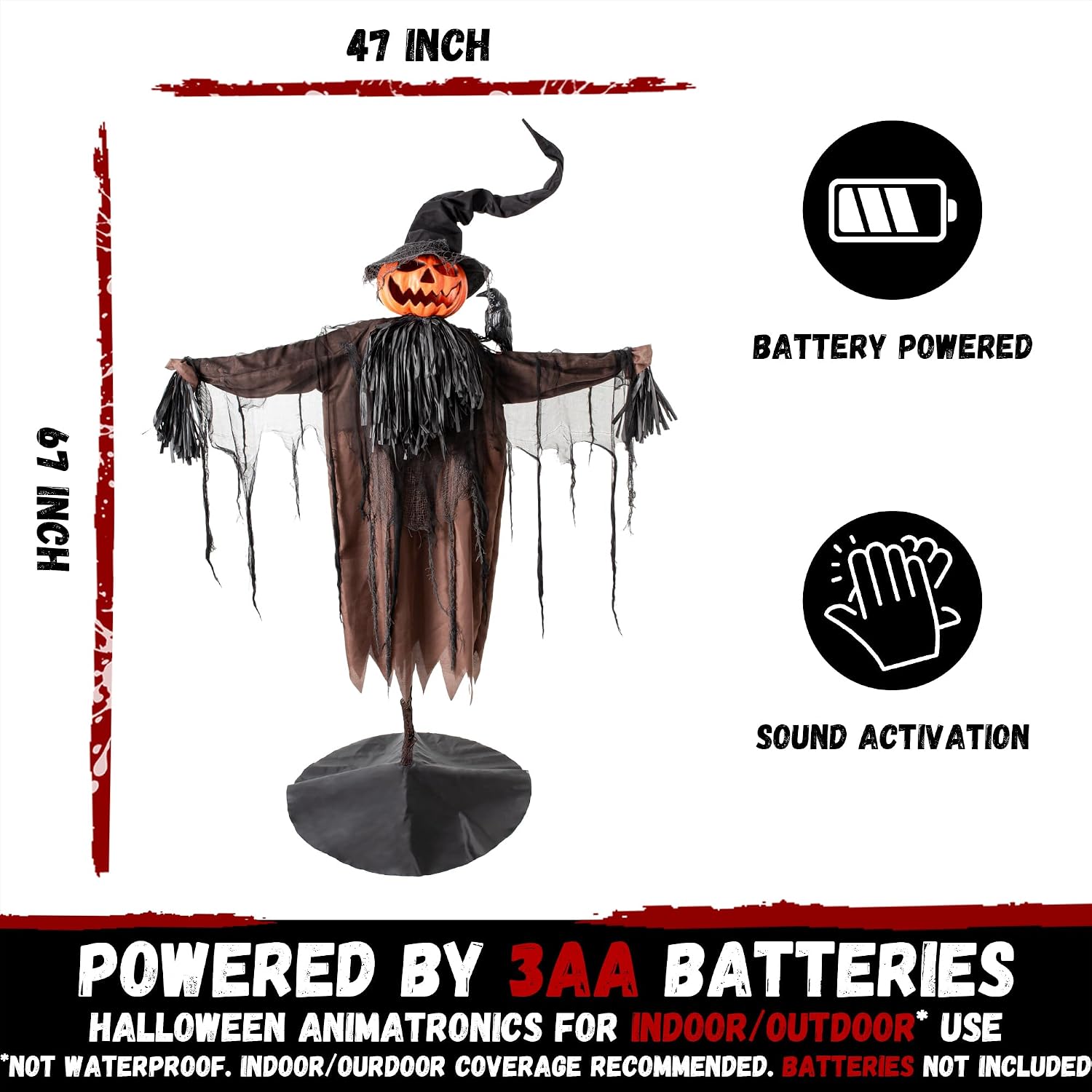 Halloween Animatronics Decorations, 5.5FT Animated Scarecrow with Pumpkin Head & Dynamic Crow, Sound Activated, Light
