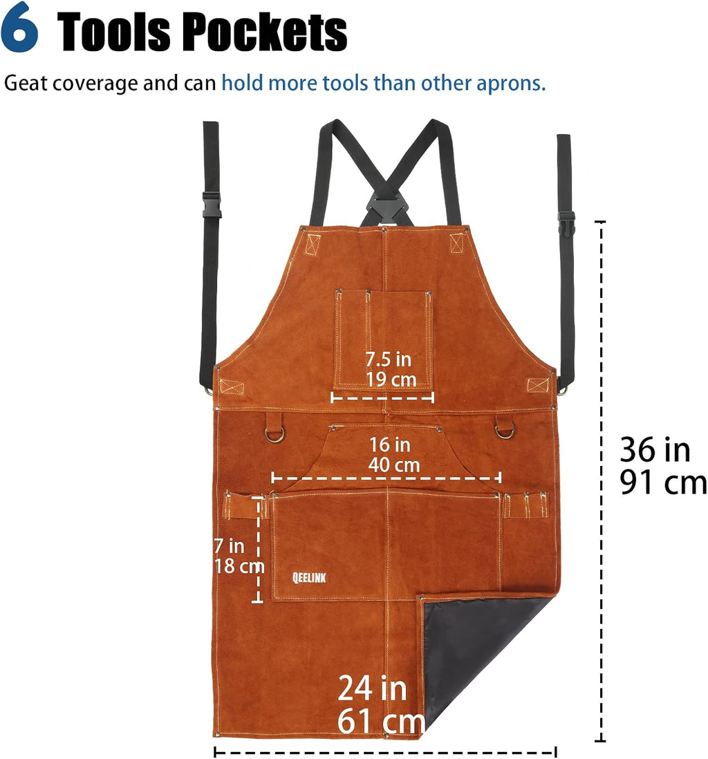 Leather Welding Apron 6 Pockets Heat Flame Resistant for Blacksmith | Split Cowhide Work Tool Apron with Aramid