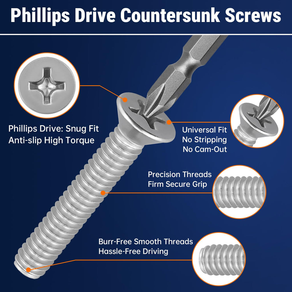 #8-32 x 1/2" Phillips Flat Head Machine Screws, 304 SS, 100pcs