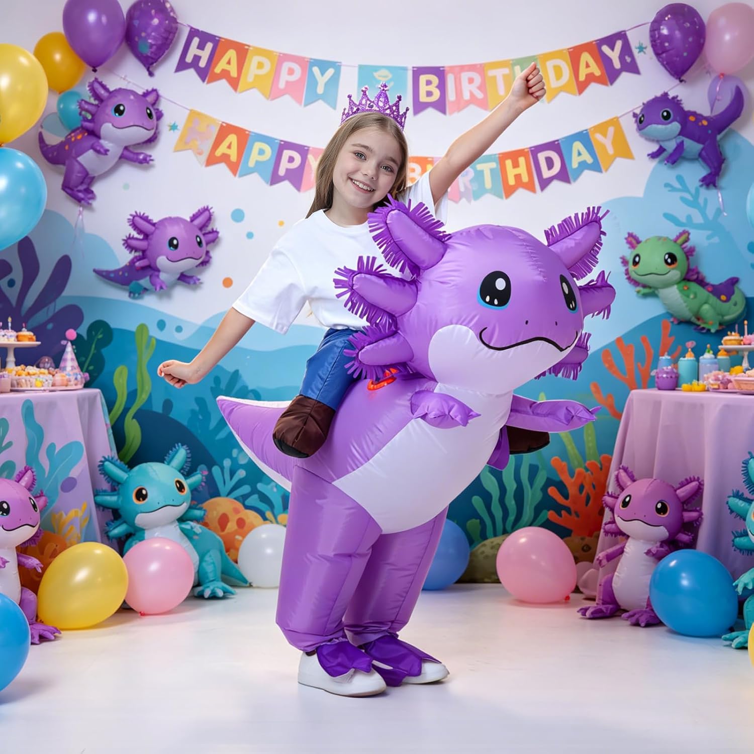 Kids Inflatable Axolotl Costume for Kids Purple Blow Up Ride-On Costumes Halloween Cosplay Outfit for Girls and Boys