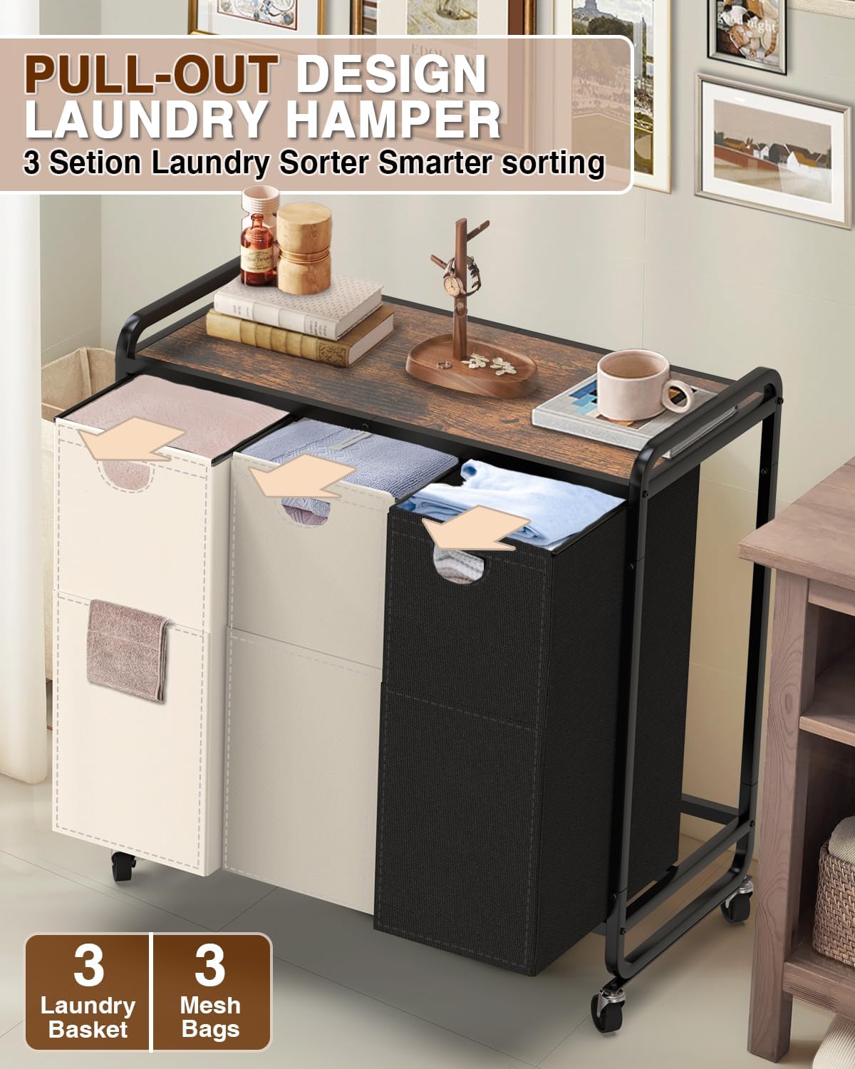 Laundry Sorter 3 Section,Laundry Basket with Wheels,3×15.8 Gal (60L) | Laundry Room Organization with Wooden Desktop