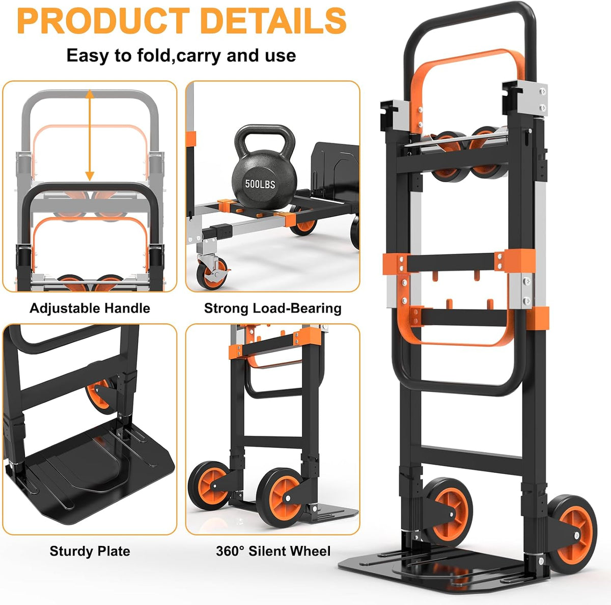 3-in-1 Folding Heavy Duty Hand Truck Dolly Cart Trolley with Wheels(Orange)