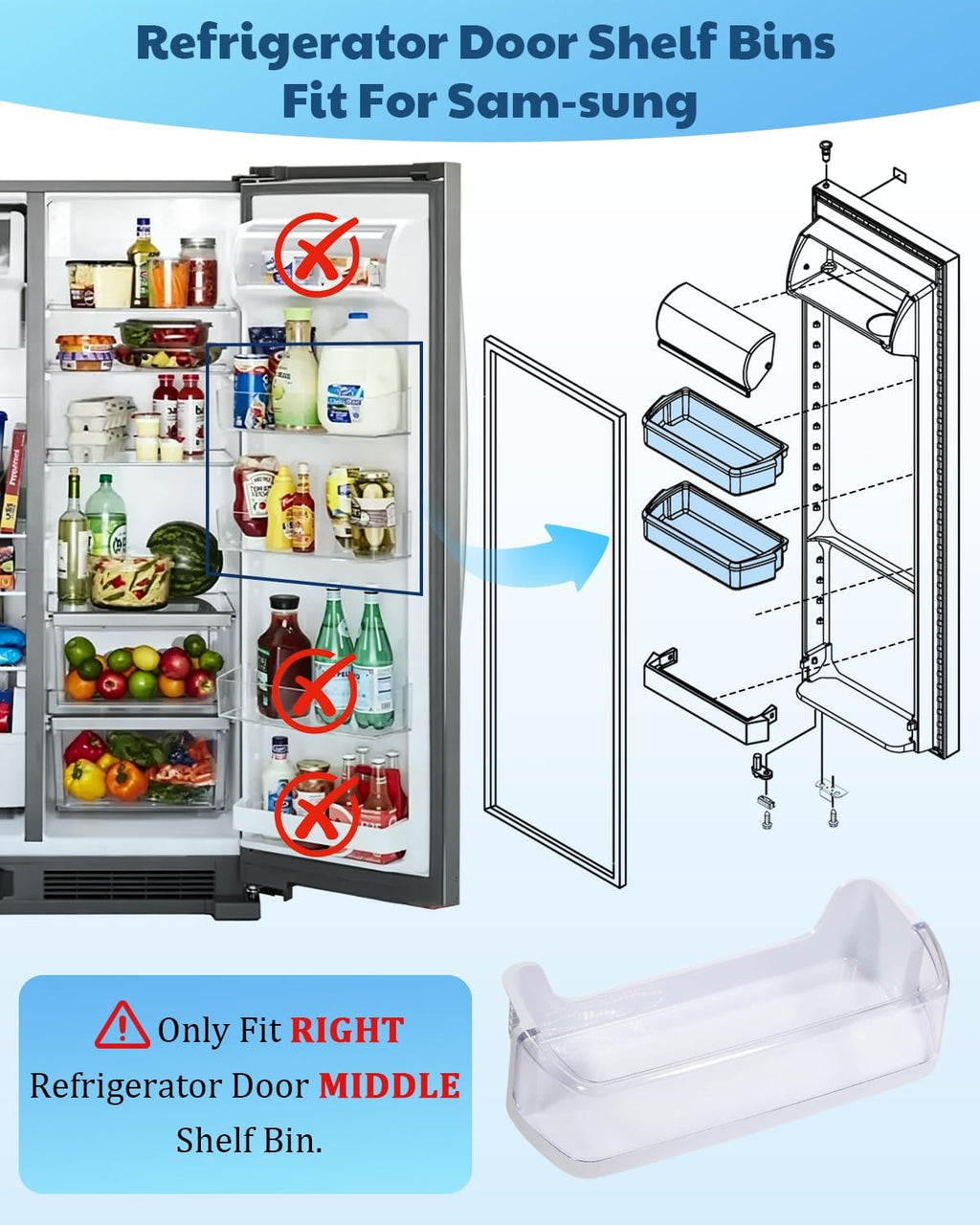 2-Pack RS25H5111SR RS25H5111SG Right Door Mid Shelf Bin for Sam-sung Fridge