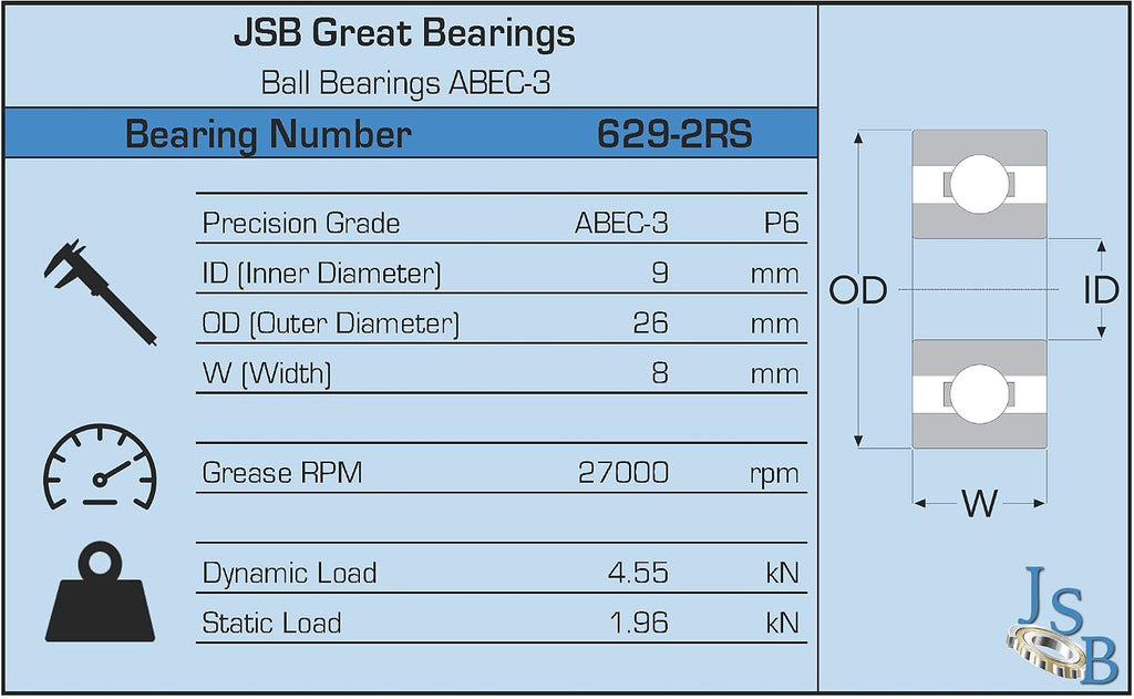 629-2RS C3 EMQ Premium Rubber Seal Ball Bearing | ABEC-3 | 9x26x8 mm | Double Sealed | 629 2RS 629RS