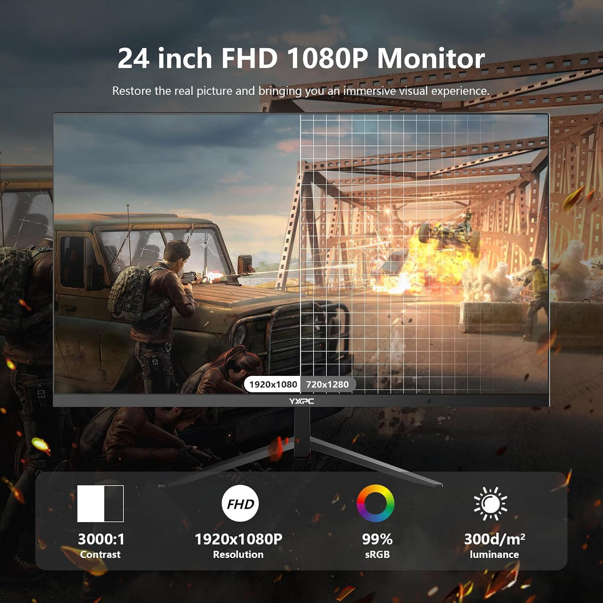 24 Inch Computer Monitor, 180Hz FHD 1080P VA Screen, 99% sRGB, 1ms, Frameless Design for Work and Play, HDMI, DP, VESA