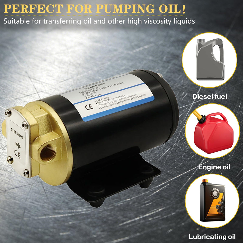 12V Oil Transfer Pump, 3.2 GPM 84W Self‑Priming Gear Pump, Fluid Extractor