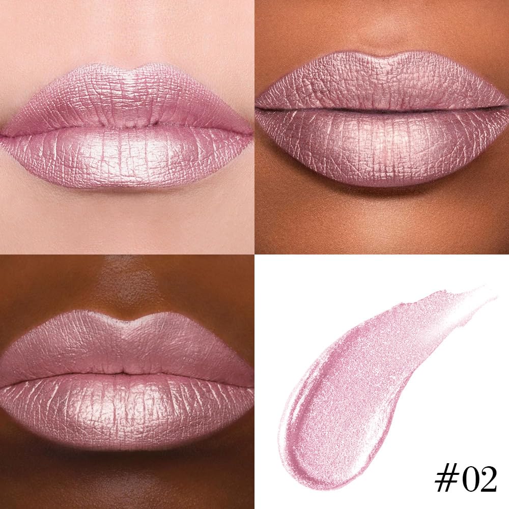2-in-1 Light Pink Metallic Lipstick and Lip Liner, Shimmer Liquid Metallic Lipsticks for Women, Glitter Lip Gloss