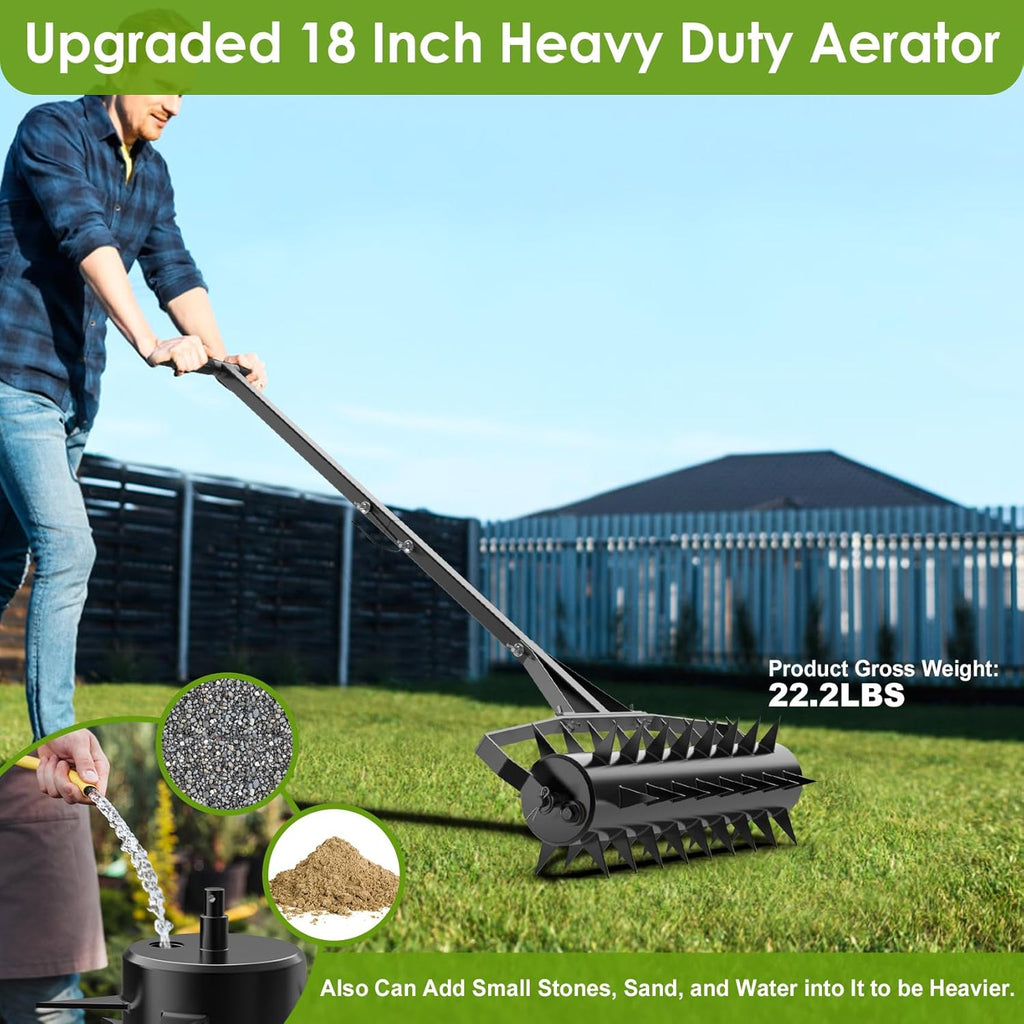 18Inch Rolling Lawn Aerator, Upgraded Heavy Duty Aerators | Lawn Soil Penetrator Spikes w/ 3 Adjustable Height