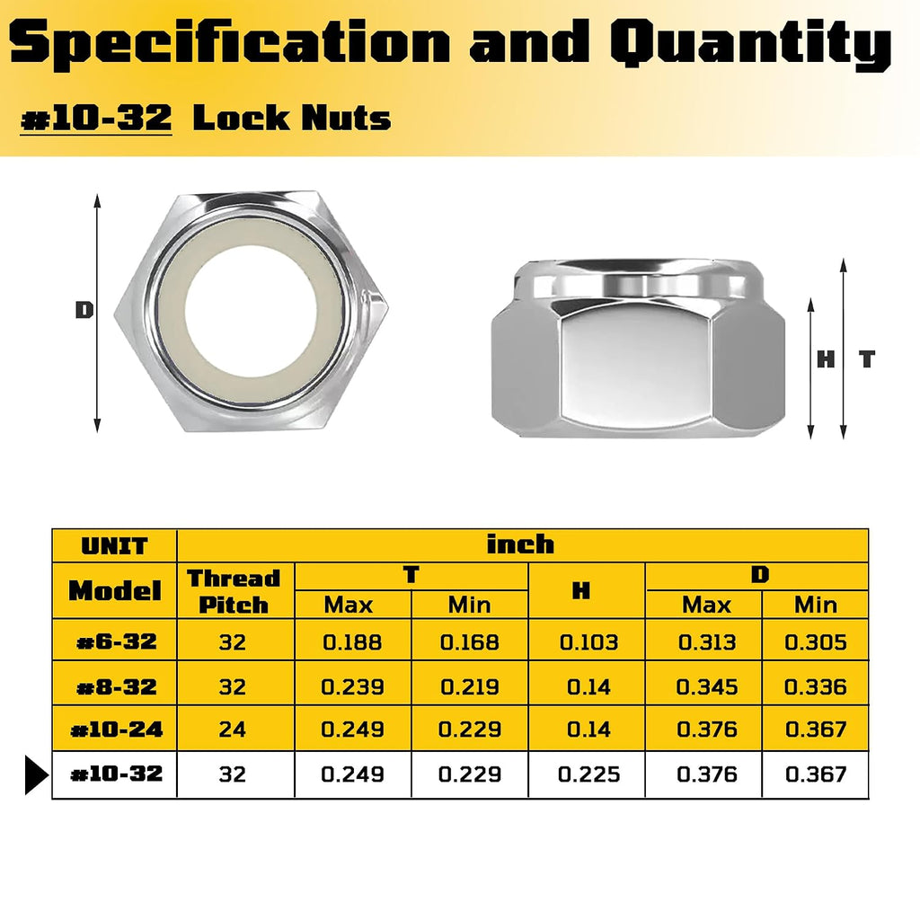 50 Pcs #10-32 Inch Lock Nuts, SAE 304 (A2-70) Stainless Steel Nylon Insert Locknuts, Standard Inch Thread Nylock Nuts, Hex Lock Hardware Nuts, Reusable Anti-Loose Corrosion Resistant