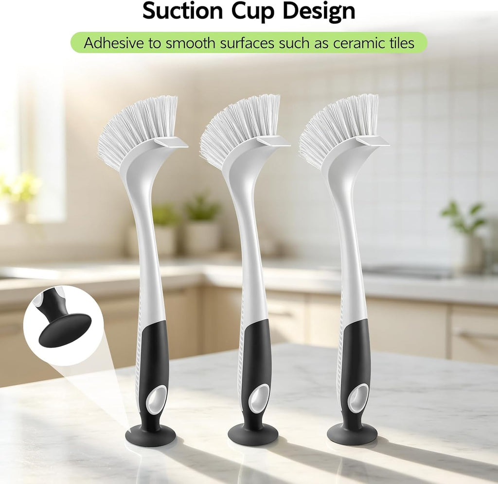 Dish Brush with Handle Suction Cup Kitchen Scrub Brush 3 Pack Black