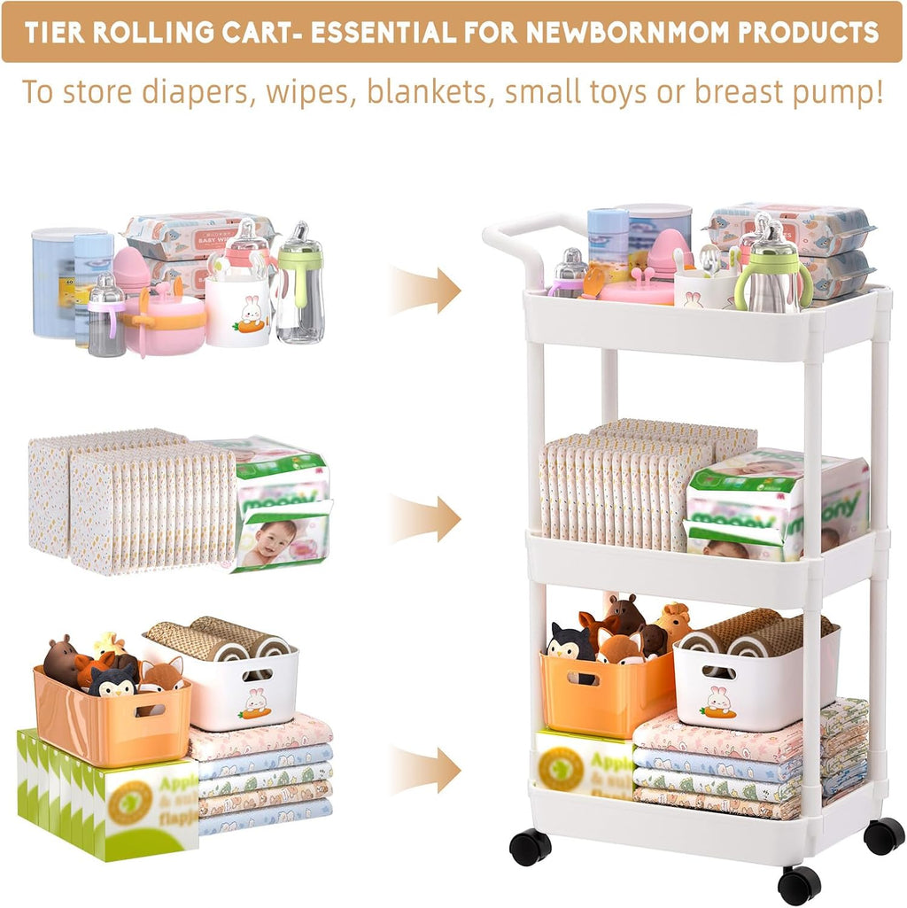 Baby Diaper Caddy, Plastic Movable Cart for Newborn Nursery Essentials Diaper Storage Organizer for Changing Table &