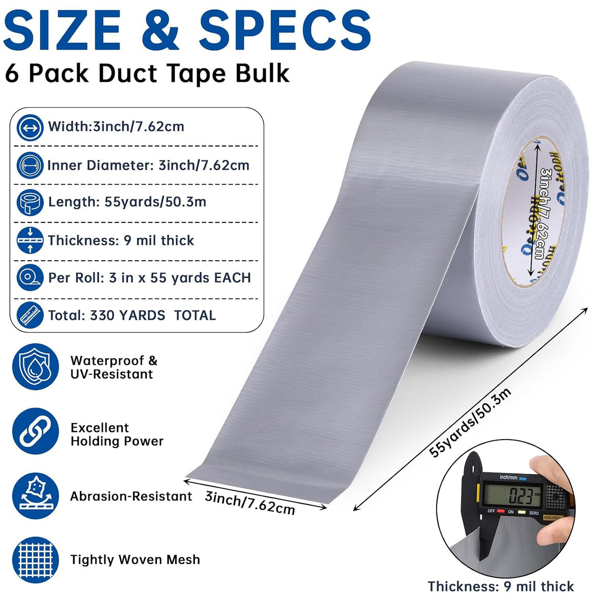 Silver Gray Duct Tape Bulk, 3 Inches x 55 Yards, 6 Pack