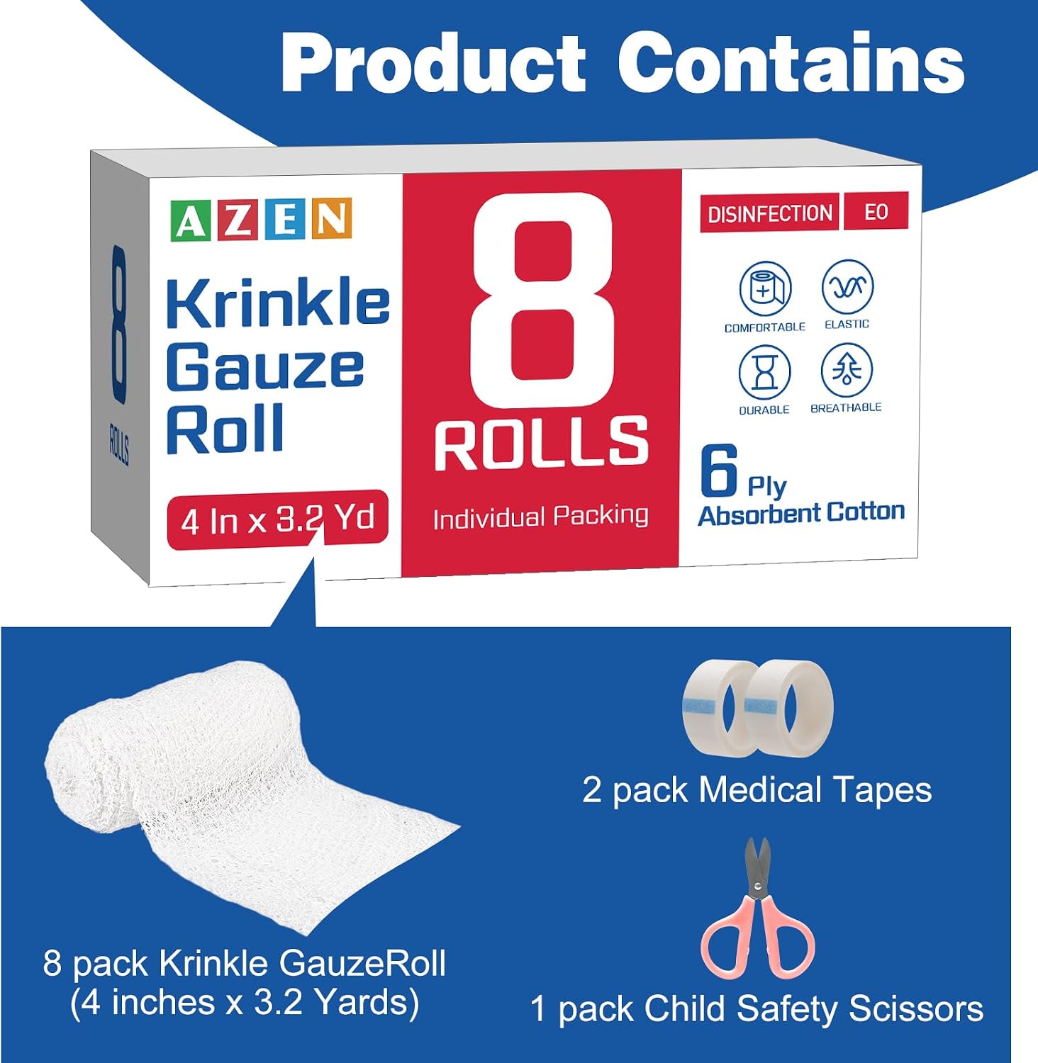 8 Pack Krinkle Gauze Rolls, 4 in x 3.2 Yards, 6-Ply 100% Cotton Bandage Wrap, Latex-Free Individually Wrapped, Highly