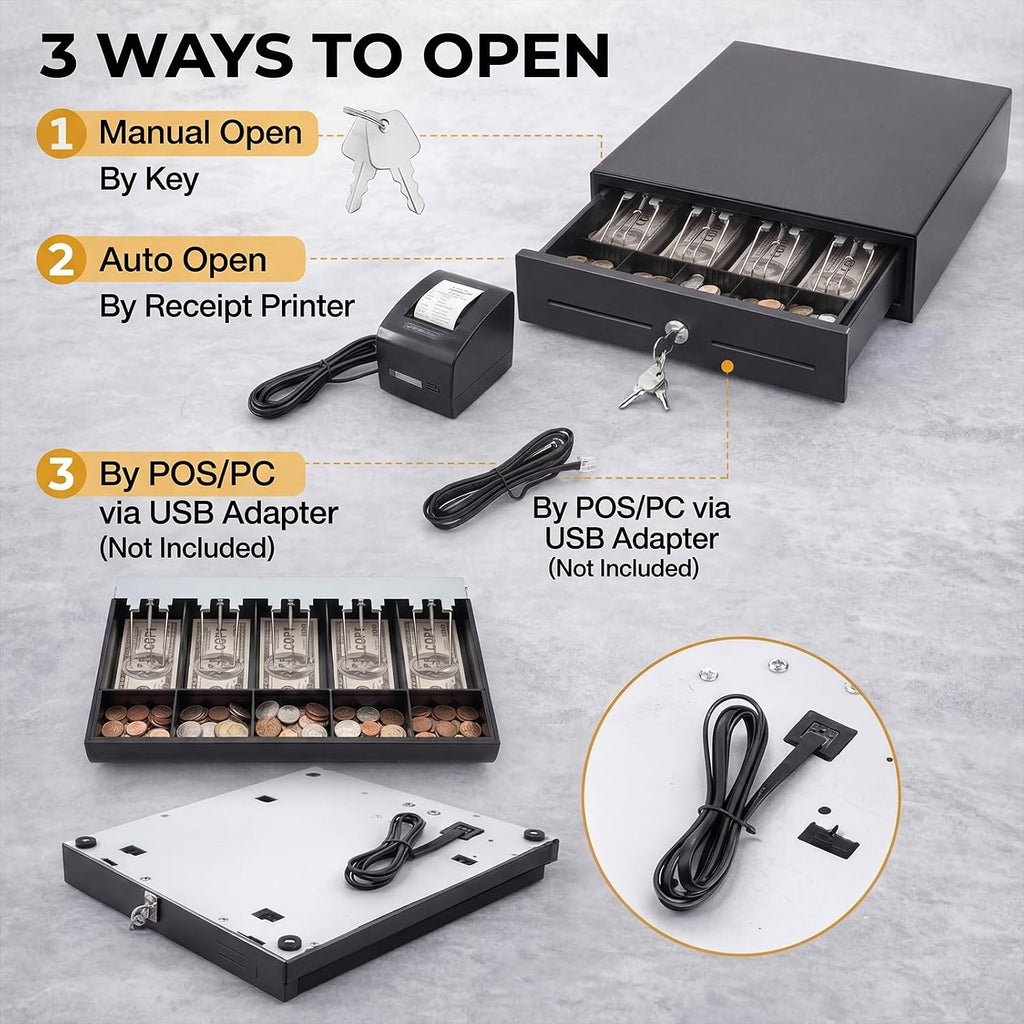 13 Inch Cash Register Drawer with Lockable Cover & Removable Tray, Heavy Duty POS Cash Drawer for Small Business, 4