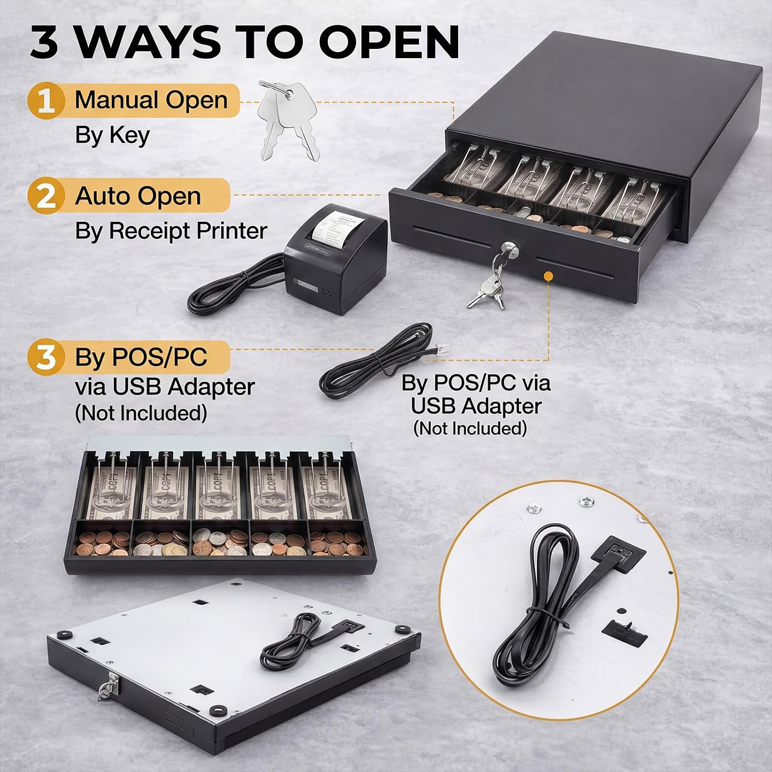13 Inch Cash Register Drawer with Lockable Cover & Removable Tray, Heavy Duty POS Cash Drawer for Small Business, 4