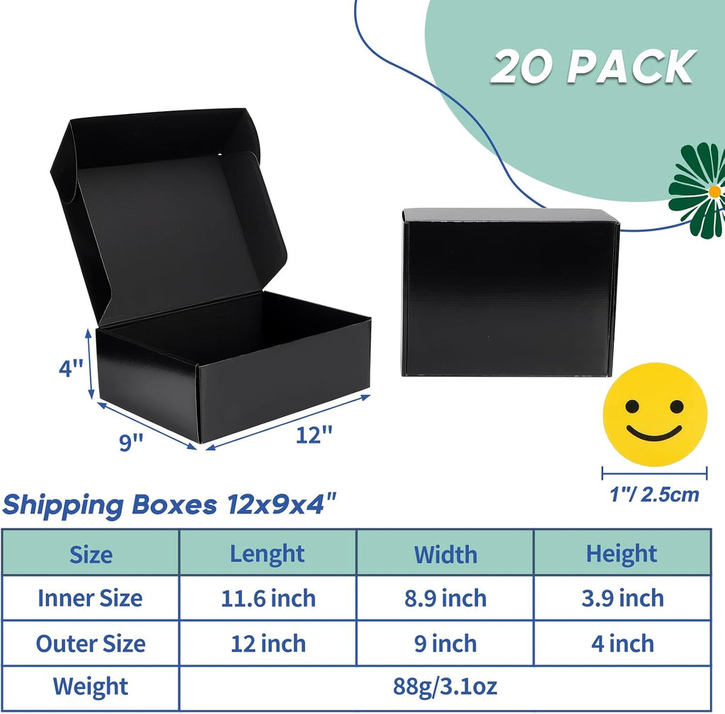12x9x4 Black Shipping Boxes 20 Pack, Large Cardboard Mailer Boxes for Small Business Shipping Packaging