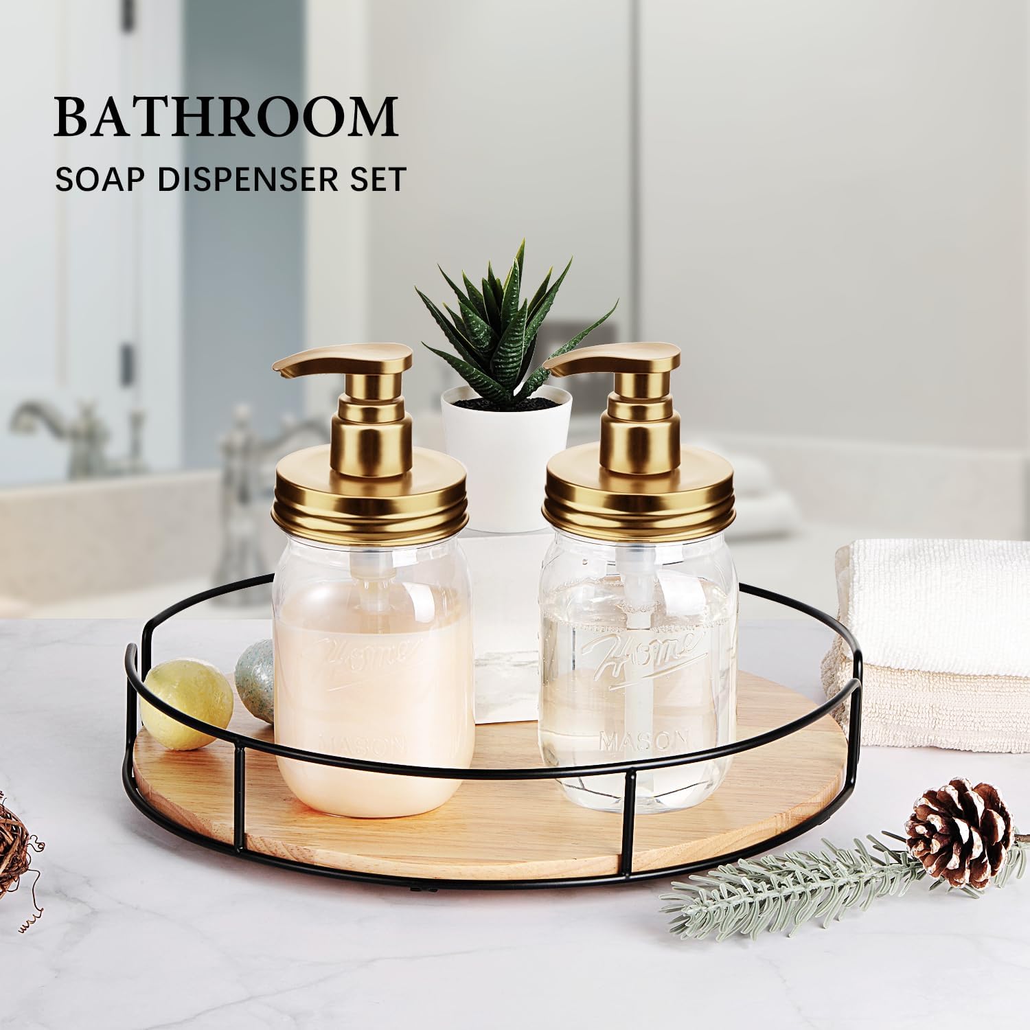 Plastic Mason Jar Soap Dispenser with Pump Lid 16OZ -2 Pack Gold | Refillable BPA-Free Hand Soap Dispenser Set with