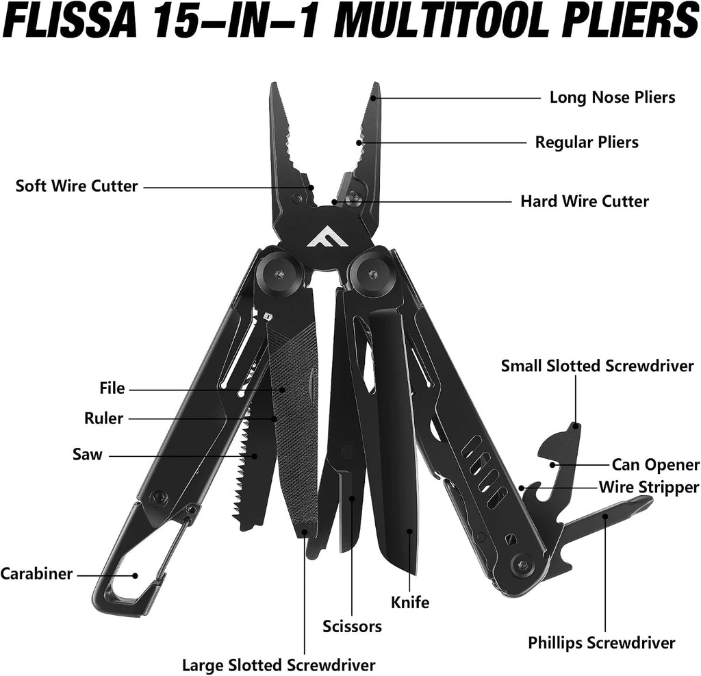 15-in-1 Multitool Pliers with Sheath Safety Lock EDC | Stainless Steel with Self-Locking System, Knife, Saw and