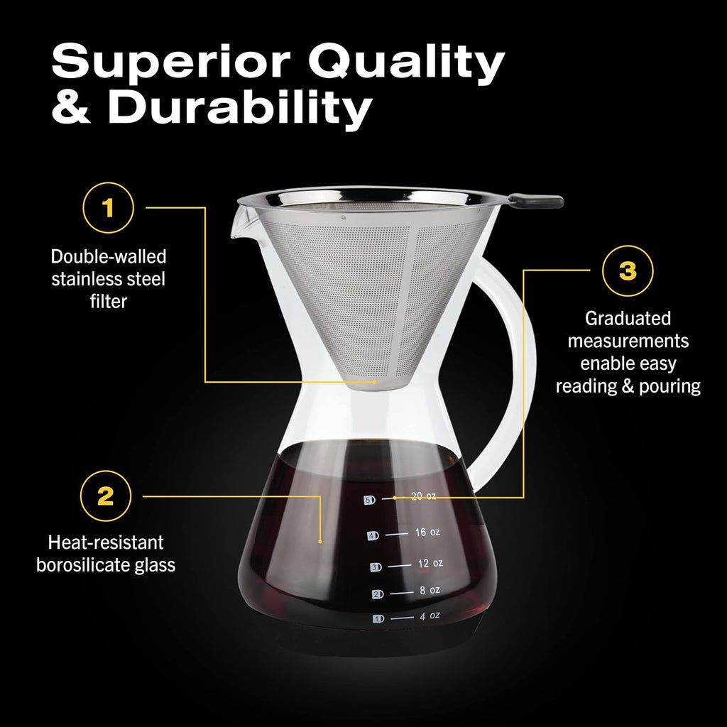 Pour Over Coffee Maker - Glass Dripper with Steel Filter 20 Oz | Dishwasher Safe, Borosilicate Carafe, Reusable