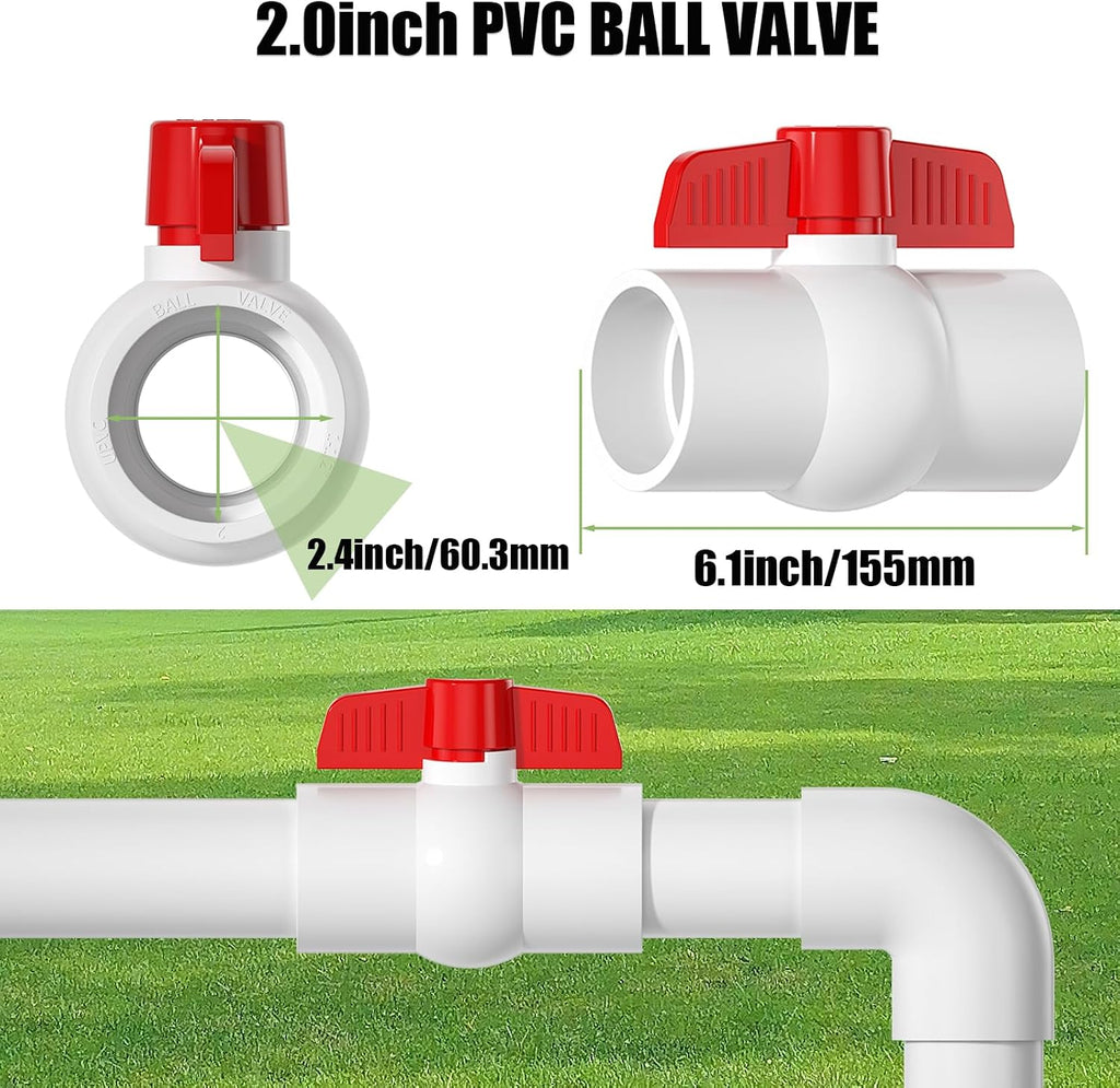 EPHECH 2PCS 2" PVC Ball Valve, SCH40 PVC Pipe Valve with Red T-Handle