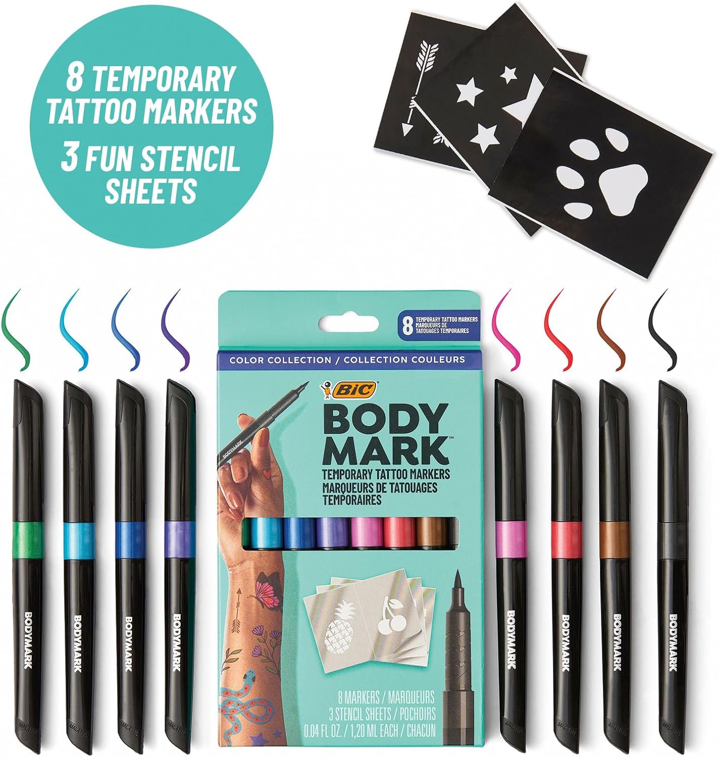 Temporary Tattoo Markers, 8-Count Color Collection, Skin-Safe & Cosmetic Quality, Cruelty-Free, Long-Lasting