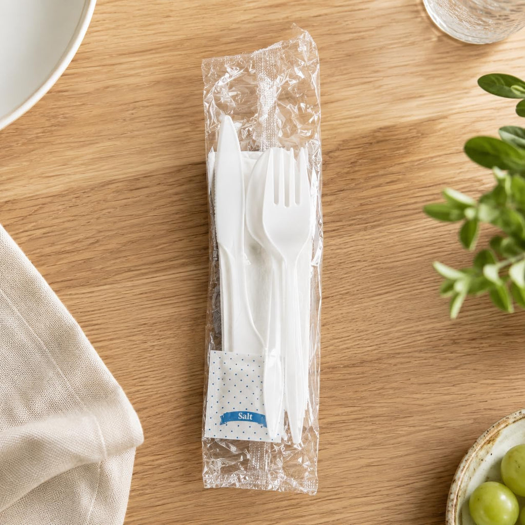 100 Pack Medium Weight Wrapped white Plastic Cutlery Pack with Napkin and Salt/Pepper Packets (White)